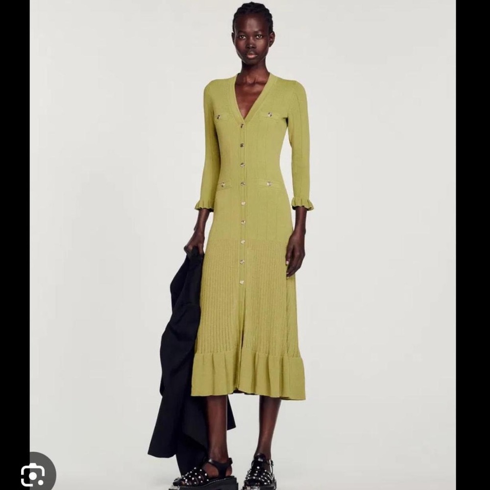 Sandro Lilwenn Mixed Ribbed Knit Midi Dress US 6